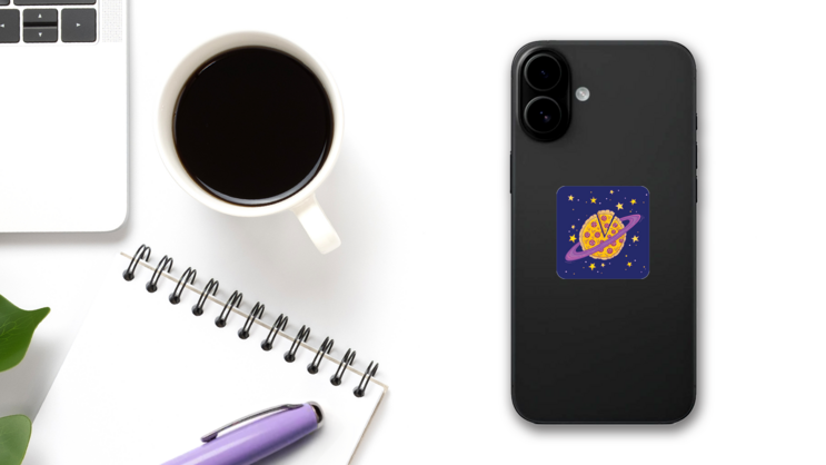Pizza Planet And Stars Sticker on a Phone (New) example