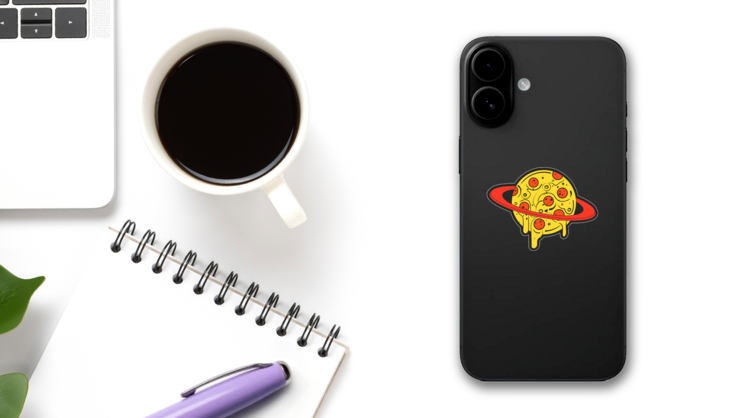 Pizza Planet In Space Sticker on a Phone (New) example