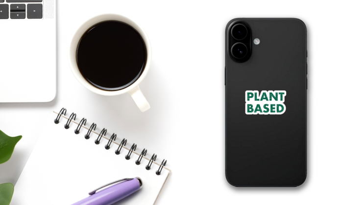 Plant Based Lettering Vegetarian Sticker on a Phone (New) example