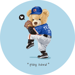 Play Hard Slogan With Bear Doll As Baseball Pitcher Sticker