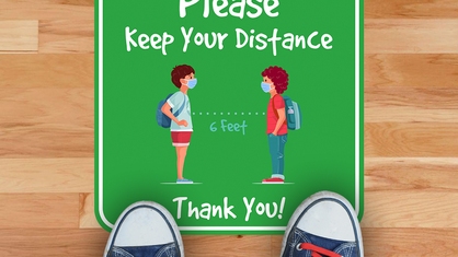 Please Keep Your Distance Green Square Elementary Floor Sticker