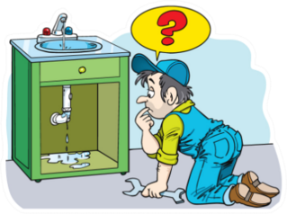 Plumber Fixing A Leaky Faucet Question Mark Cartoon Sticker