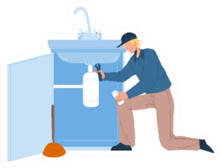 Plumber Man Fix Kitchen Or Bathroom Pipe Leak Cartoon Sticker