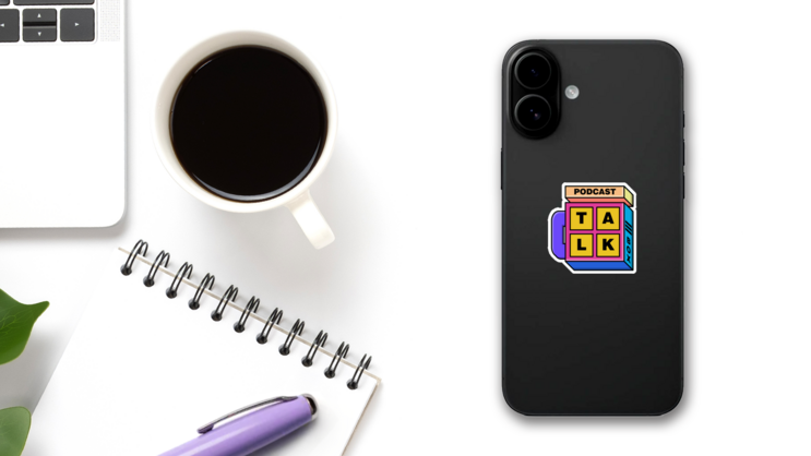 Podcast Logo, 90s Theme Sticker on a Phone (New) example