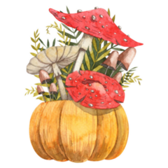 Poisonous Mushrooms In Carved Pumpkin Watercolor Sticker