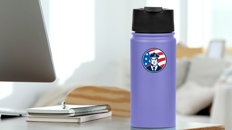 Police Officer With USA Flag Circle Sticker on a Water Bottle (New) example