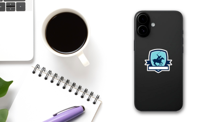 Polo Player Riding Horse Shield Crest Sticker on a Phone (New) example