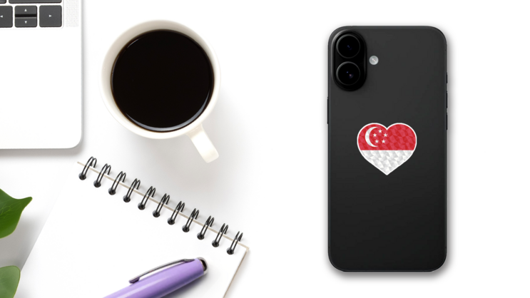 Polygonal Flag Of Singapore Heart Sticker on a Phone (New) example