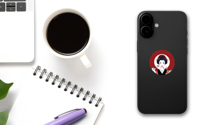 Pop Art Beautiful Japanese Woman Chopsticks With Sushi Sticker on a Phone (New) example