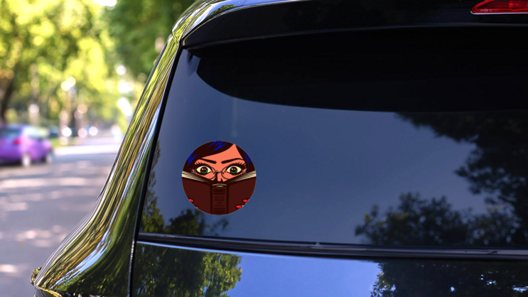 Pop Art Comic Book Style Bookworm Sticker on a Rear Car Window (New) example