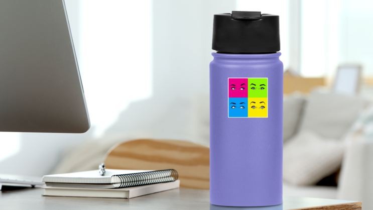 Pop Art Eyes Square Sticker on a Water Bottle (New) example
