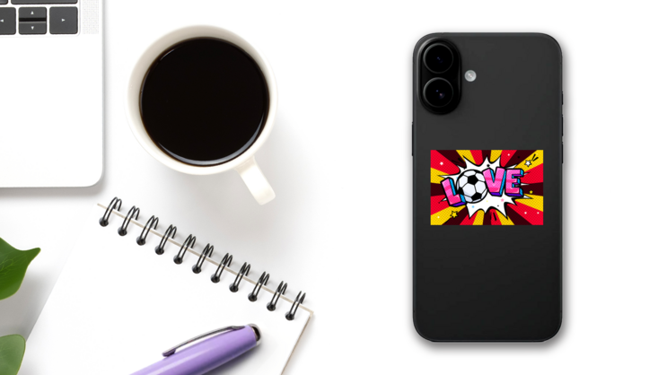 Pop Art Style Love Soccer Sticker on a Phone (New) example