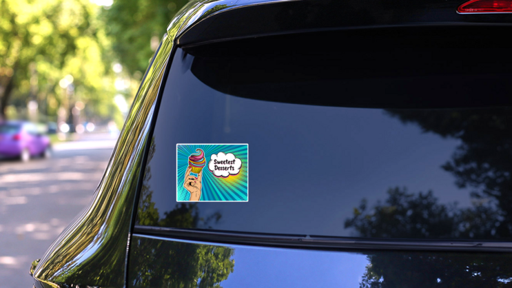 Pop Art Sweetest Desserts Cupcake Sticker on a Rear Car Window (New) example