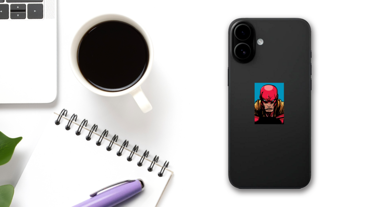 Portrait Of A Powerful Superhero Sticker on a Phone (New) example