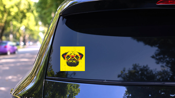 Portrait Of Pug Dog With Glasses Sticker on a Rear Car Window (New) example