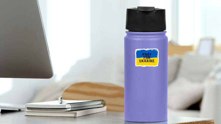 Pray For Ukraine Flag Brush Sticker on a Water Bottle (New) example