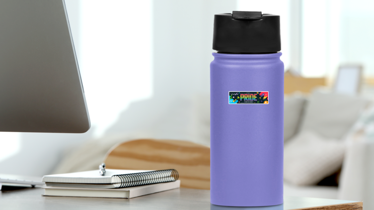 Pride Day Banner Modern Retro Sticker on a Water Bottle (New) example