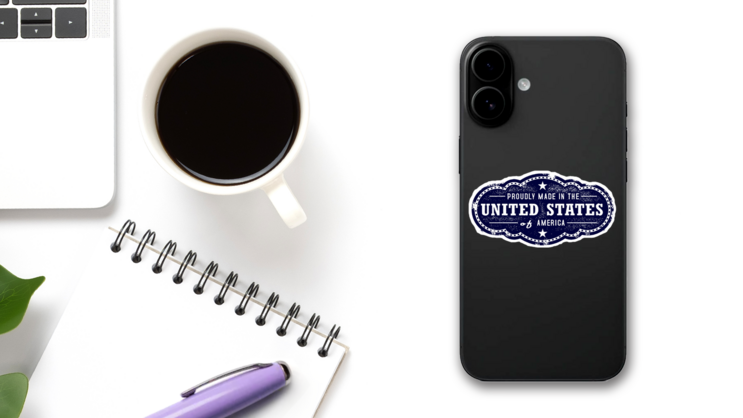 Proudly Made In The United States Of America Sticker on a Phone (New) example