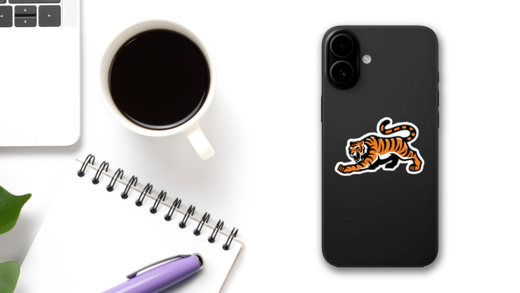 Prowling Tiger Mascot Sticker on a Phone (New) example