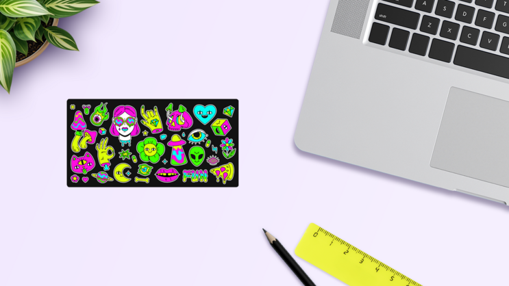 Psychedelic Rainbow Sticker Sheet on a Desk (New) example