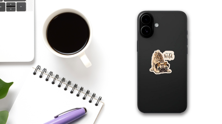 Pug With Leopard Skin Sticker on a Phone (New) example
