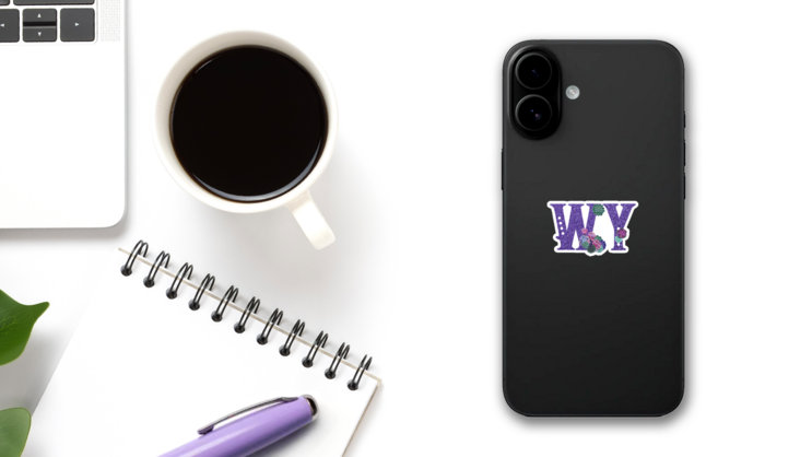 Purple Abbreviation Of Wyoming Sticker on a Phone (New) example
