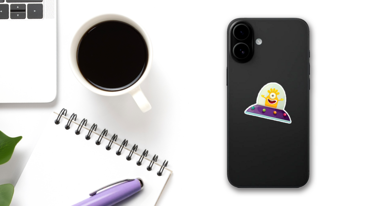 Purple Alien Spaceship Sticker on a Phone (New) example