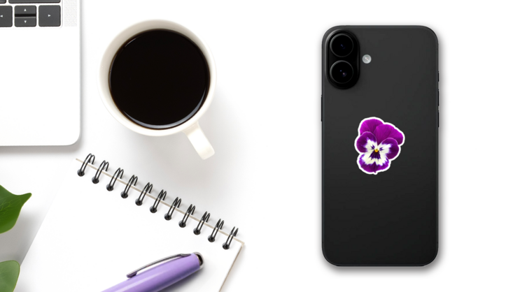 Purple And White Pansy Flower Face Sticker on a Phone (New) example