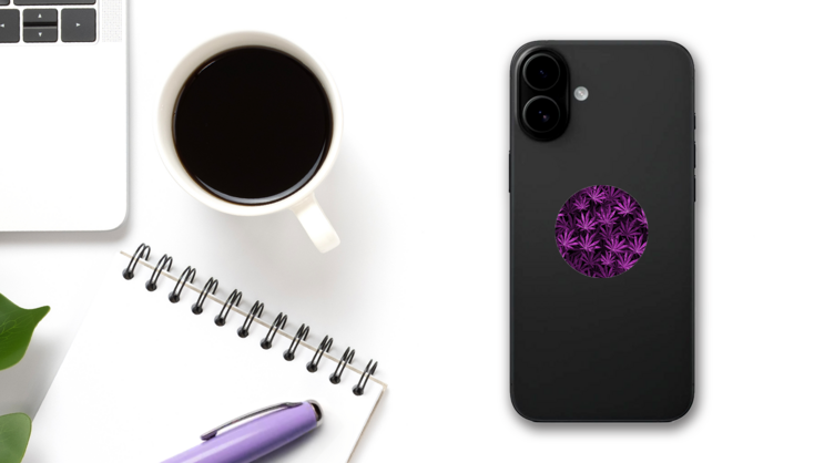 Purple Cannabis Leaves On Black Background Pattern Sticker on a Phone (New) example