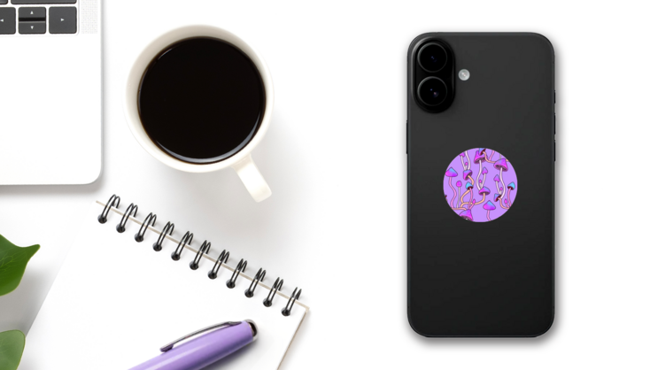Purple Mushrooms Pattern Hand-drawn Illustration Sticker on a Phone (New) example