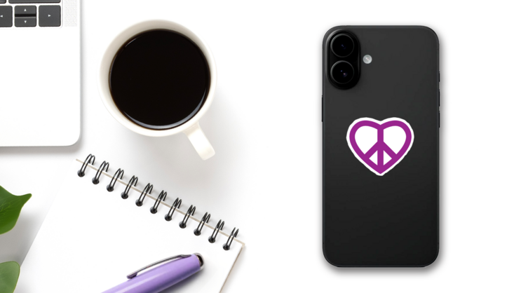 Purple Peace Sign Heart Sticker on a Phone (New) example