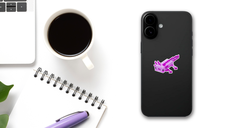 Purple Pixel Axolotl Sticker on a Phone (New) example