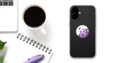 Purple, Violet Cannabis Leaves In Circle Sticker on a Phone (New) example