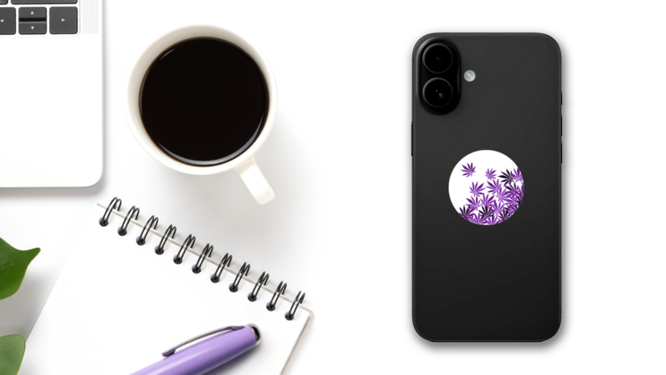 Purple, Violet Cannabis Leaves In Circle Sticker on a Phone (New) example