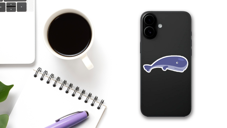 Purple Whale Cartoon Sticker on a Phone (New) example