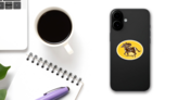 Racing Horse And Jockey Oval Sticker on a Phone (New) example