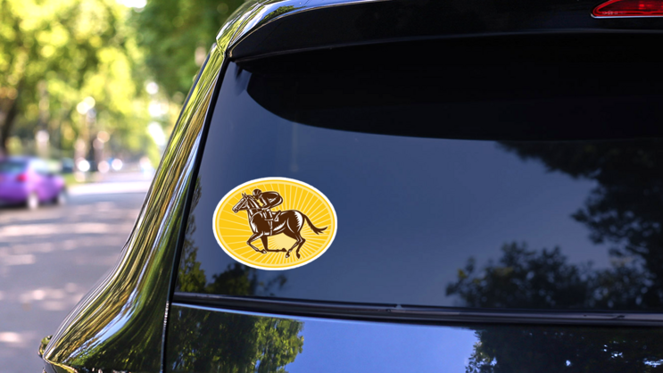 Racing Horse And Jockey Oval Sticker on a Rear Car Window (New) example