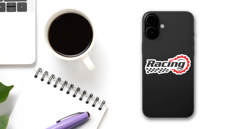 Racing Logo With Flag and Lettering Sticker on a Phone (New) example