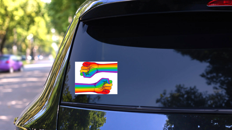 Rainbow Colored Fist Sticker on a Rear Car Window (New) example
