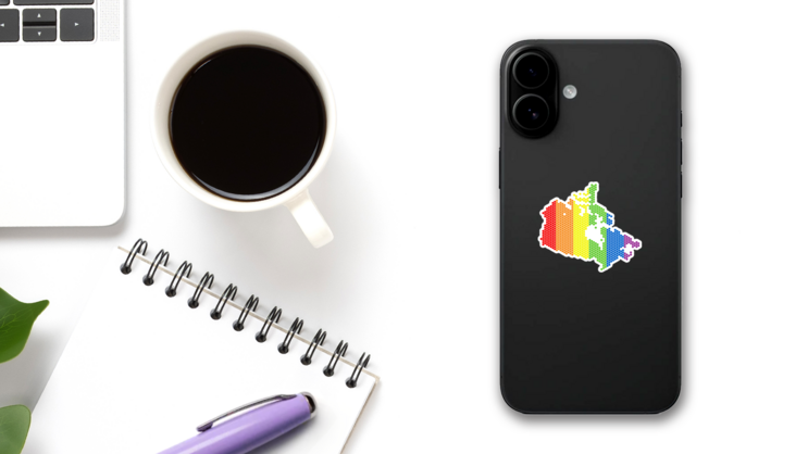 Rainbow Dotted Canada Map Sticker on a Phone (New) example