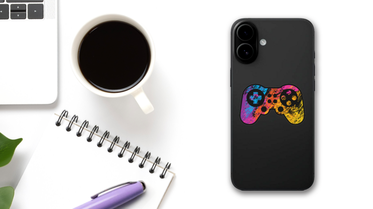 Rainbow Grunge Game Controller Sticker on a Phone (New) example