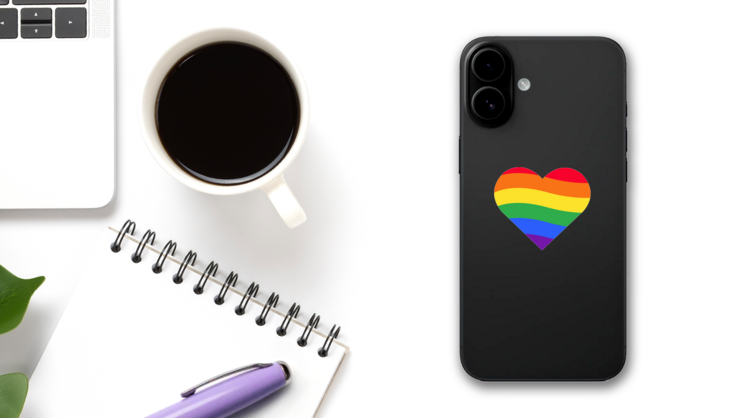 Rainbow Heart Flag Sticker on a Phone (New) example