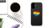 Rainbow Heart Flag Sticker on a Phone (New) example