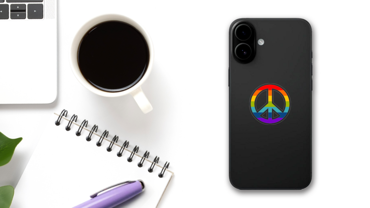 Rainbow Peace Sign Hippie Sticker on a Phone (New) example