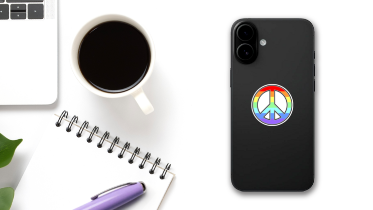 Rainbow Peace Sign Sticker on a Phone (New) example