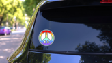 Rainbow Peace Sign Sticker on a Rear Car Window (New) example