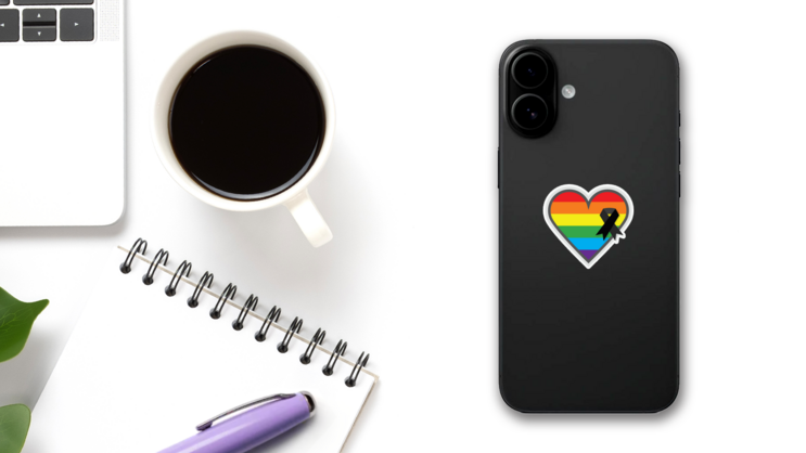 Rainbow Pride Flag In Shape Of A Heart Sticker on a Phone (New) example