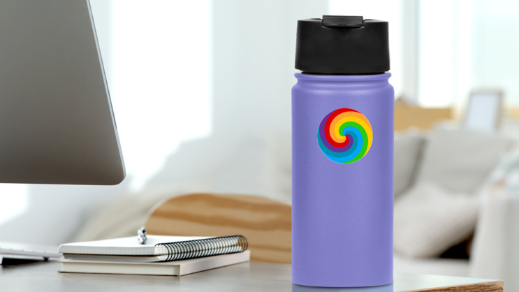 Rainbow Spiral Circle Sticker on a Water Bottle (New) example