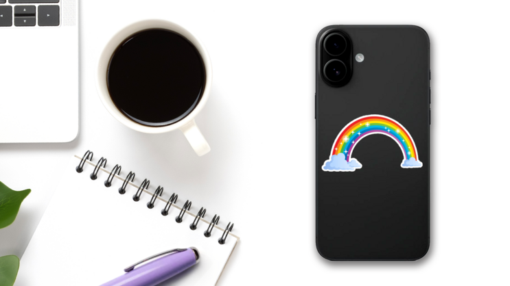Rainbow With Clouds And Stars Sticker on a Phone (New) example