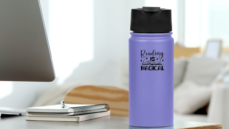 Reading Is Magical Book Lettering Sticker on a Water Bottle (New) example
